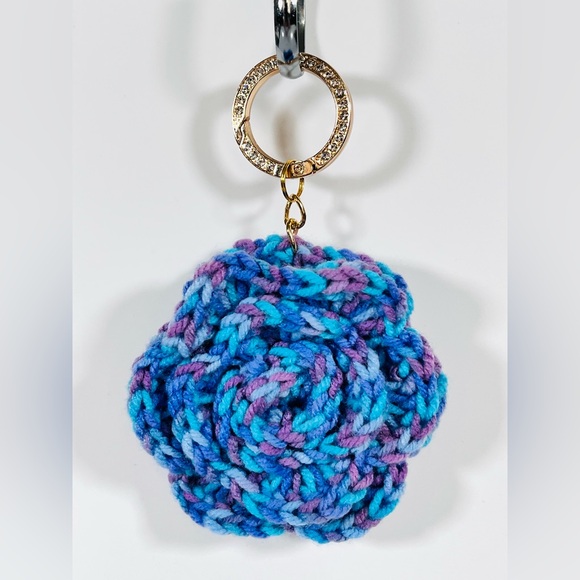Hand Crafted Accessories - Purple Ombre Crochet Flower Bag Charm Keychain W/Rhinestone Bling Clip Ring
